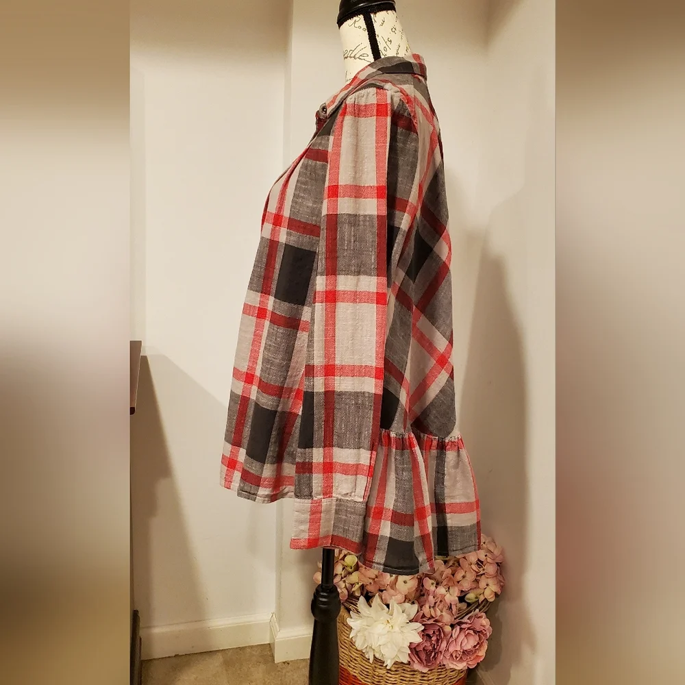 Free People Women's Red Gray  plaid, Tunic/Blouse, Long Sleeve Size M. - Picture 5 of 9